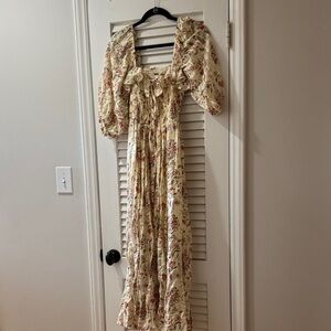 Free People Cream Floral Puff-Sleeve Maxi Dress with Pink Accents
